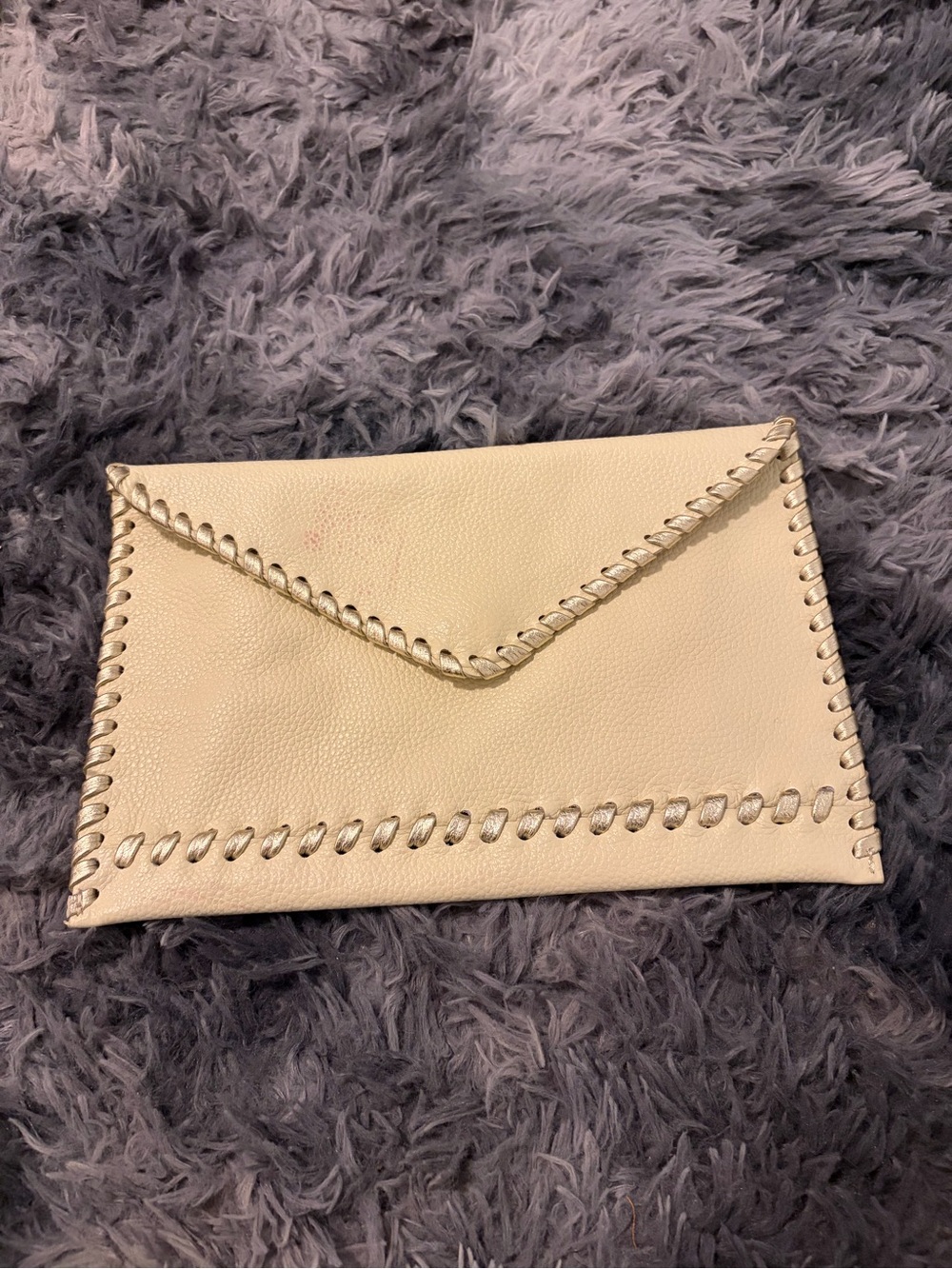 LAGGO Cream Pebbled Leather Envelope Clutch Gold Whipstitch Border Handcrafted